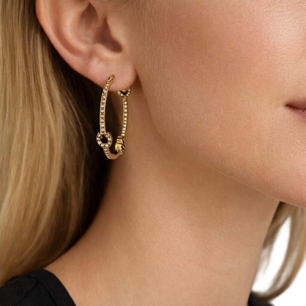 Juicy Couture Y2K Crown Heart Horseshoe Charm Hoop Earrings Gold Pave Rhinestone